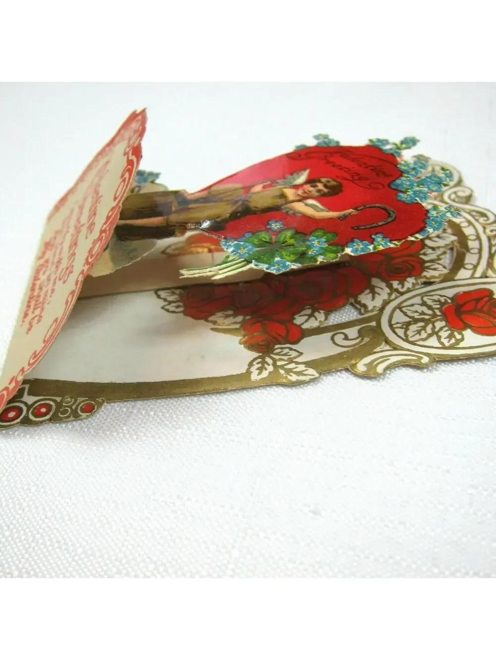 Vintage Valentine Card 1926 Pulldown Diecut 3D Boy Angel Wings Horseshoe Germany